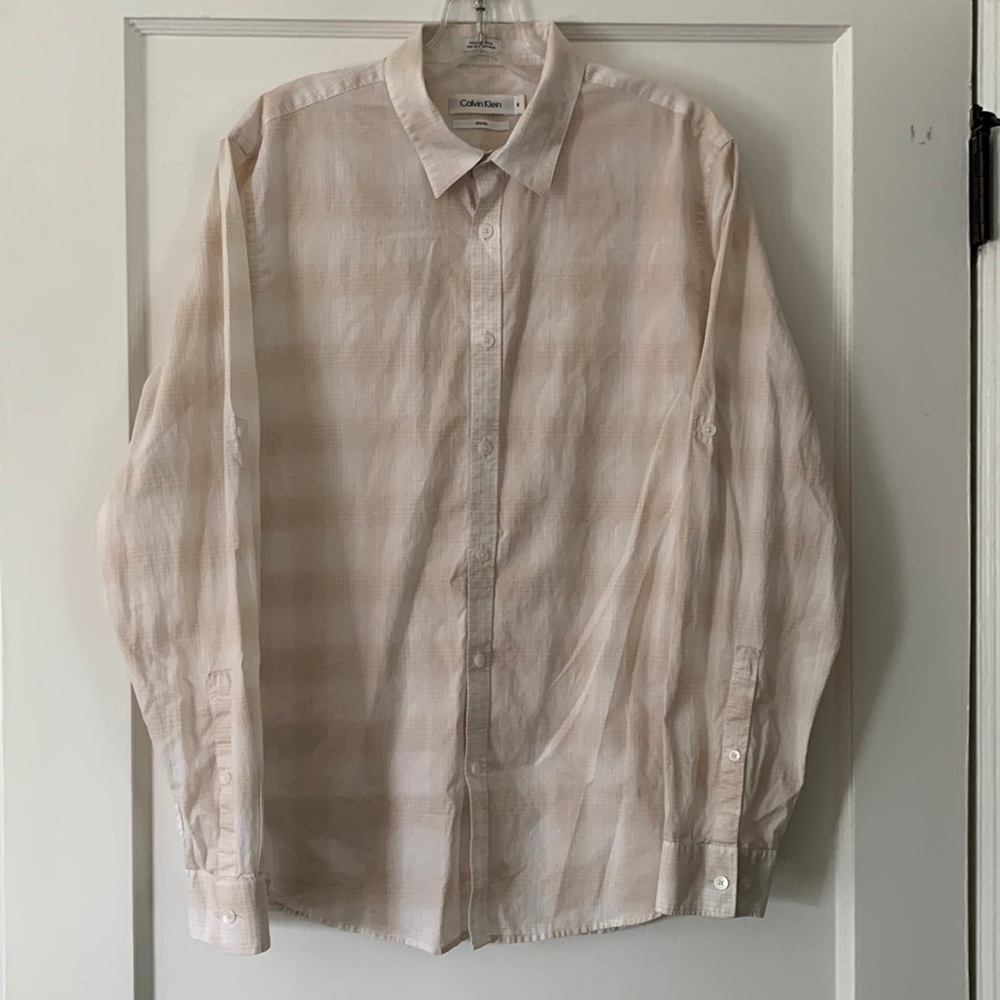 Calvin Klein Men's Beige Checkered Button Up Shirt- Medium